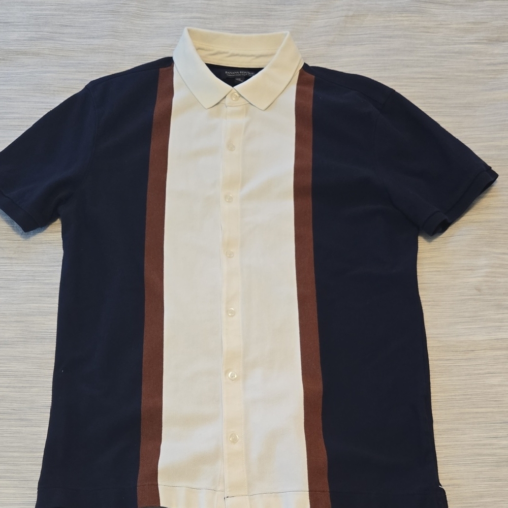 Banana Republic Navy Brown Button Down Polo Medium